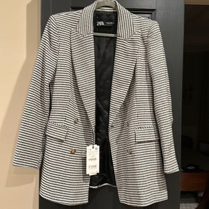 Zara herringbone blazer L black and white with gold buttons NWT